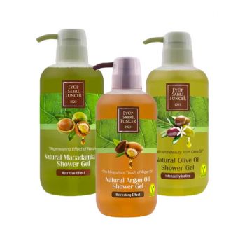 Set Cadou Eyup Sabri Tuncer Gel de dus Olive Oil 600 ml + Gel de dus Macadamia 600 ml + Gel de dus Argan 600 ml