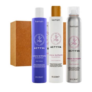 Set pentru par vopsit Kemon Actyva Colore Brillante, Sampon 250 ml + Sampon 250 ml + Spray 200 ml ieftin