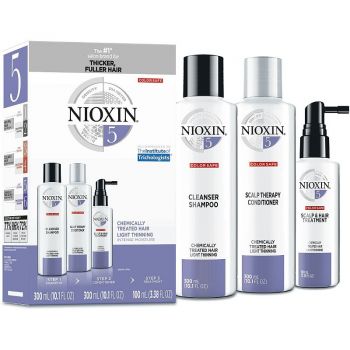 Set pentru par normal spre aspru cu aspect subtiat Nioxin System 5, Sampon 300 ml + Balsam 300 ml + Tratament 100 ml de firma original