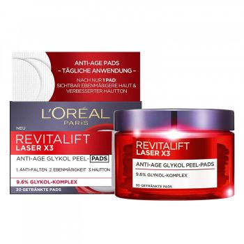 Dischete de fata L`Oreal Revitalift Laser X 3 Anti-Aging Glycolic Peel, 30 bucati (Concentratie: Dischete demachiante, Continut pachet: 30 buc)