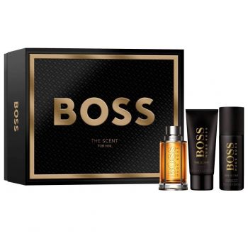 Set Cadou Boss The Scent, Apa de Toaleta, Barbati (Continut set: 100 ml Apa de Toaleta + 150 ml Gel de Dus + 150 ml Deodorant spray)