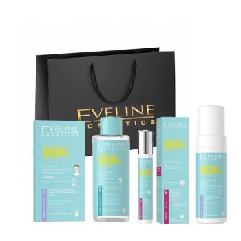 Set cadou Eveline Cosmetics Perfect Skin.acne Soluție pentru eliminarea imperfecțiunilor roll-on, 15 ml, Tonic seboreglator, 200 ml, Spuma de curățare facială micro-peeling, 150 ml