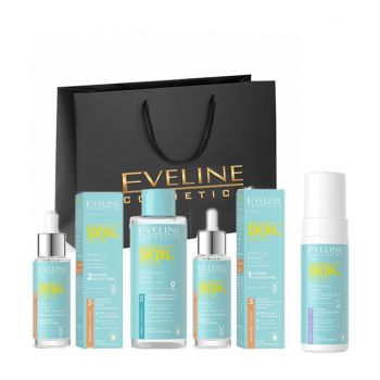 Set cadou Eveline Cosmetics Perfect Skin.acne Tratament de noapte pentru corectarea imperfecțiunilor 2 x 30 ml, Tonic seboreglator 200 ml, Spuma de curățare facială micro-peeling, 150 ml de firma original
