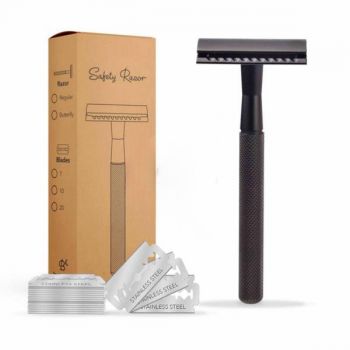 Aparat de ras clasic din otel inoxidabil Safety Razor Black si set de 20 lame