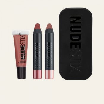 Set Creion si balsam de buze Nudestix Nude + Red Hot Lip 3 Piece Kit (Gramaj: 2 ml + 2,5 ml + 2,5 ml, CULOARE: Belle, Burgundy, Nude 04)