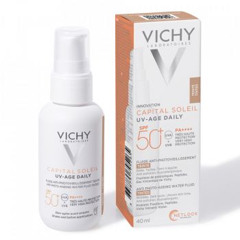 Fluid colorat SPF 50+ cu actiune impotriva foto-imbatranirii tenului, Vichy CAPITAL SOLEIL UV AGE, 40 ml (Gramaj: 40 ml, Concentratie: Fluid, CULOARE: deschis-mediu)