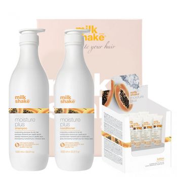 Kit pentru hidratare intensiva Milk Shake Moisture Plus Sampon 1000 ml + Balsam 1000 ml + Lotiune 6x12 ml (Concentratie: Sampon, Gramaj: 1000 ml + 1000 ml + 6x12 ml) ieftin