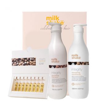 Kit pentru hidratare si reconstructie Milk Shake Integrity 1000 ml + Balsam 1000 ml + Tratament 8 x 12 ml (Concentratie: Sampon, Gramaj: 1000 ml + 1000 ml + 8x12 ml)