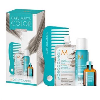 Moroccanoil Care Meets Color Platinum: Masca de par nuantatoare Platinum, 30ml + Ulei de par tratament Light, 15ml + Sampon uscat Light 62ml + Pieptene cu dinti rari pentru aplicarea mastii (Concentratie: Set pentru ingrijirea parului, Gramaj: 30 ml) ieftin