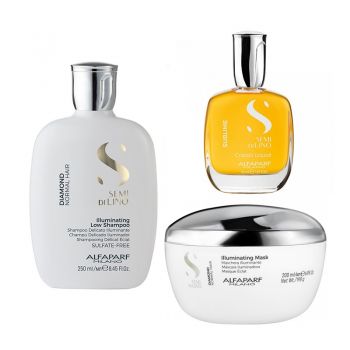 Set pentru stralucire Alfaparf Semi Di Lino Diamond Iluminating cu 250 ml Sampon + 200 ml Masca + 50 ml Serum (Concentratie: Set, Gramaj: 500 ml) de firma original