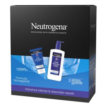 Set Cadou Crema de Maini cu Absorbtie Rapida - Neutrogena Fast Absorbing, 75 ml + Lotiune de Corp Hidratanta cu Absorbtie Rapida pentru Piele Uscata - Neutrogena Deep Moisture, 400 ml