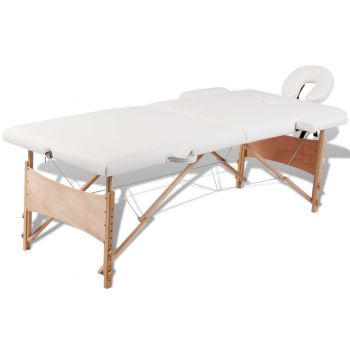Masă de masaj pliabilă 2 părți cadru din lemn Alb-Crem ieftin