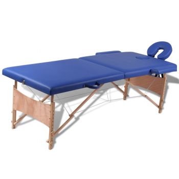Masă de masaj pliabilă 2 părți cadru din lemn Albastru ieftin