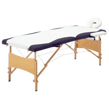 Masă de masaj pliabilă 2 zone alb și violet lemn de firma original