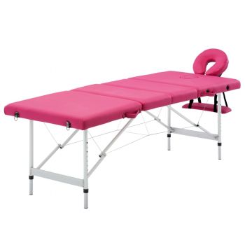 Masă de masaj pliabilă cu 4 zone roz aluminiu