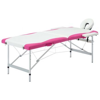 Masă pliabilă de masaj 2 zone alb și roz aluminiu ieftin