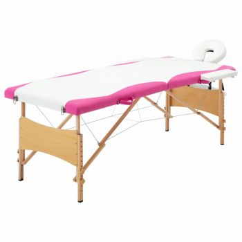 Masă pliabilă de masaj 2 zone alb și roz lemn