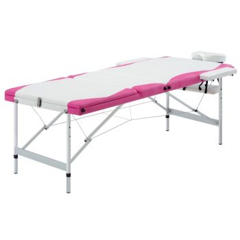 Masă pliabilă de masaj 3 zone alb și roz aluminiu ieftin