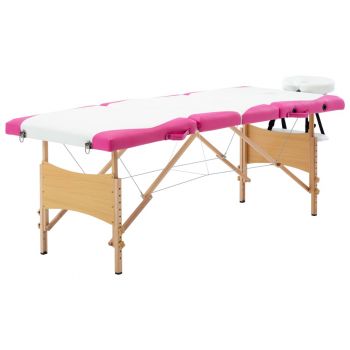 Masă pliabilă de masaj 4 zone alb și roz lemn ieftin
