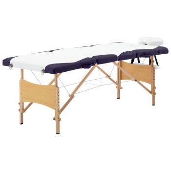 Masă pliabilă de masaj 4 zone alb și violet  lemn ieftin