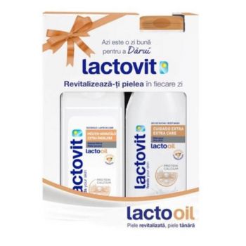 Set Gel de Dus Extra Ingrijire pentru Piele Uscata, 600 ml + Lapte de Corp Extra Ingrijire pentru Piele Uscata, 400 ml - Lactovit Feeds Your Skin Lactooil