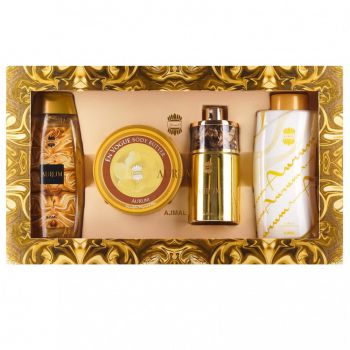 Set cadou Ajmal Aurum, Apa de Parfum, Femei, 75 ml + Gel de dus 200 ml + Unt de corp 200 ml + Pudra de corp parfumata 100 g