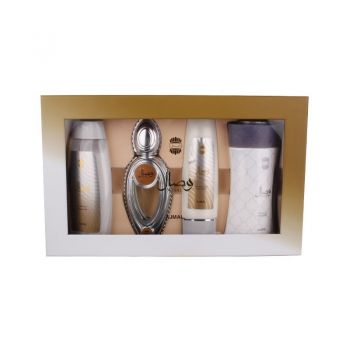 Set cadou Ajmal Wisal, Femei: Apa de parfum 50 ml + Gel de dus 200 ml + Lotiune de corp 100 ml + Pudra parfumata 80 gr