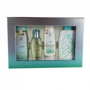 Set cadou Raindrops Ajmal Femei, Apa de parfum 50 ml + Lotiune de corp 100 ml + Gel de dus 200 ml + Pudra parfumata 100 gr