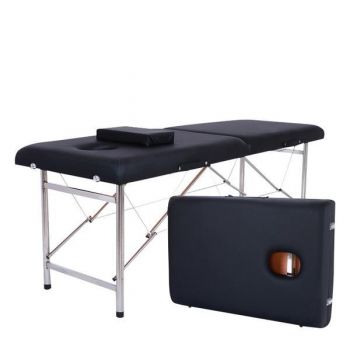 Pat Cosmetic Pliant Transportabil Reabatabil Salon Infrumusetare, Pat Masaj Piele Ecologica, Tetiera si Picioare metalice, Negru 180x80x65cm C00B