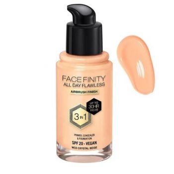 Fond de Ten 3 in 1 - Max Factor Facefinity All Day Flawless Airbrush Finish 3 in1 SPF 20 Vegan, nuanta W33 Crystal Beige, 30 ml