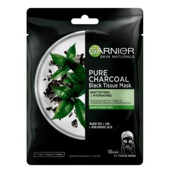 Masca servetel cu ceai negru Pure Charcoal Skin Naturals, Garnier, 28 g