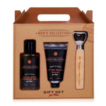 Set cadou barbati Accentra MEN'S COLLECTION in cutie hartie kraft, Gel de dus 140ml, After shave balsam 60ml, Deschizator sticla cu maner de lemn