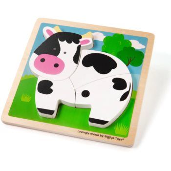 Bigjigs Toys Chunky Lift-Out Puzzle Cow jucărie interactivă cu piese care se pot insera din lemn