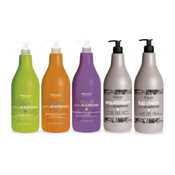 Set 5 sampoane par PRO.CO (par normal + par vopsit + par blond + impotriva matretii sau ingrasarii parului + impotriva caderii parului)   5 X 1L