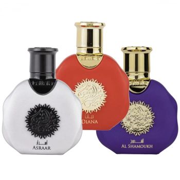 Pachet 3 parfumuri: Shams Al Shamoos Asraar 30 ml, Diana 30 ml si Al Shamoukh 30 ml