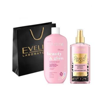 Set cadou Eveline Cosmetics Spray de corp Pink Panther Sensual Body Spray, 150 ml + Balsam hidratant pentru corp, Sunshine Ready!, 350 ml de firma original