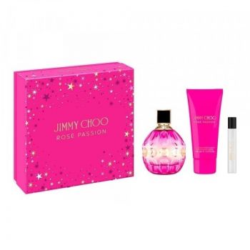 Set cadou Jimmy Choo Rose Passion, Femei, Apa de Parfum 100 ml + Lotiune de corp 100 ml + 7,5 ml Mini Apa de parfum