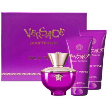 Set cadou Versace Dylan Purple, Femei, 50 ml Apa de Parfum, 50 ml Lotiune de Corp, 50 ml Gel de dus
