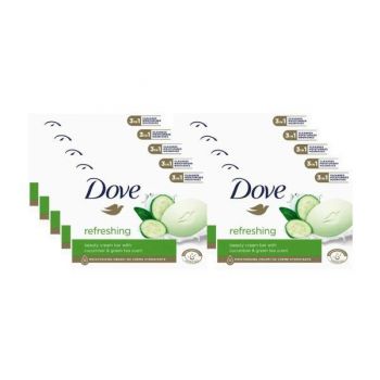 Set 10 x Sapun solid Dove Refreshing de castravete & ceai verde, 1/4 crema hidratanta, 10x90 g