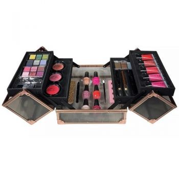 Geanta Machiaj cu Produse Cosmetice, Technic, Beauty Case, Black & Rose Gold