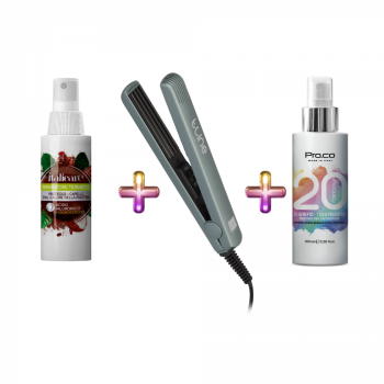 Set 3 produse par WOW ( spray protectie termica + mini placa de creponat + leave-in tratament)