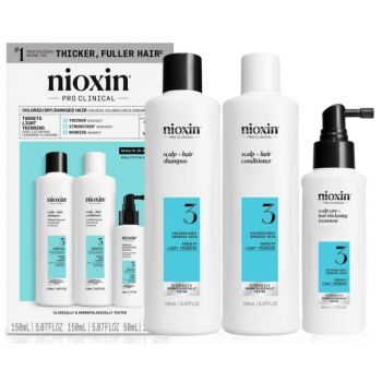 Set pentru par vopsit Nioxin System 3, Sampon 300 ml + Balsam 300 ml + Tratament leave-in 100 ml