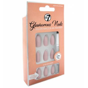 Kit 24 Unghii False W7 Glamorous Nails, Nude With Attitude, cu adeziv inclus si pila de unghii