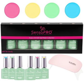 Set 4 Oje Semipermanente, Top & Base Coat Hema Free SensoPRO Milano + Lampa UV, Spring Pastel