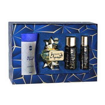 Set cadou Qasida Ajmal Femei, Apa de parfum 60 ml + Pudra de corp 80 g + Hair Mist, 30 ml + Body Mist , 50 ml