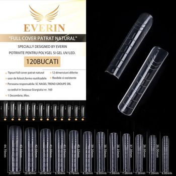 Tipsuri Full Cover Everin 120 bucati 12 marimi- Patrat Natural - SMR-24TK