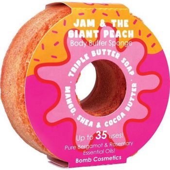Sapun exfoliant cu burete Jam & the Giant Peach Donut Body Buffer, Bomb Cosmetics, 200 g de firma original