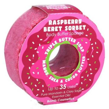 Sapun exfoliant cu burete Raspberry Beret Donut Body Buffer, Bomb Cosmetics, 200 g de firma original
