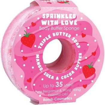 Sapun exfoliant cu burete Sprinkled with Love Donut Body Buffer, Bomb Cosmetics, 200 g de firma original