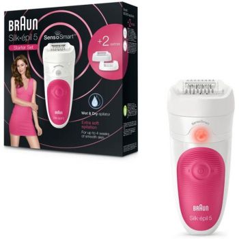 Epilator - Braun Silk-epil 5/500, 28 pensete, 2 viteze, SensoSmart™, Acumulator, Wet&Dry, alb/roz